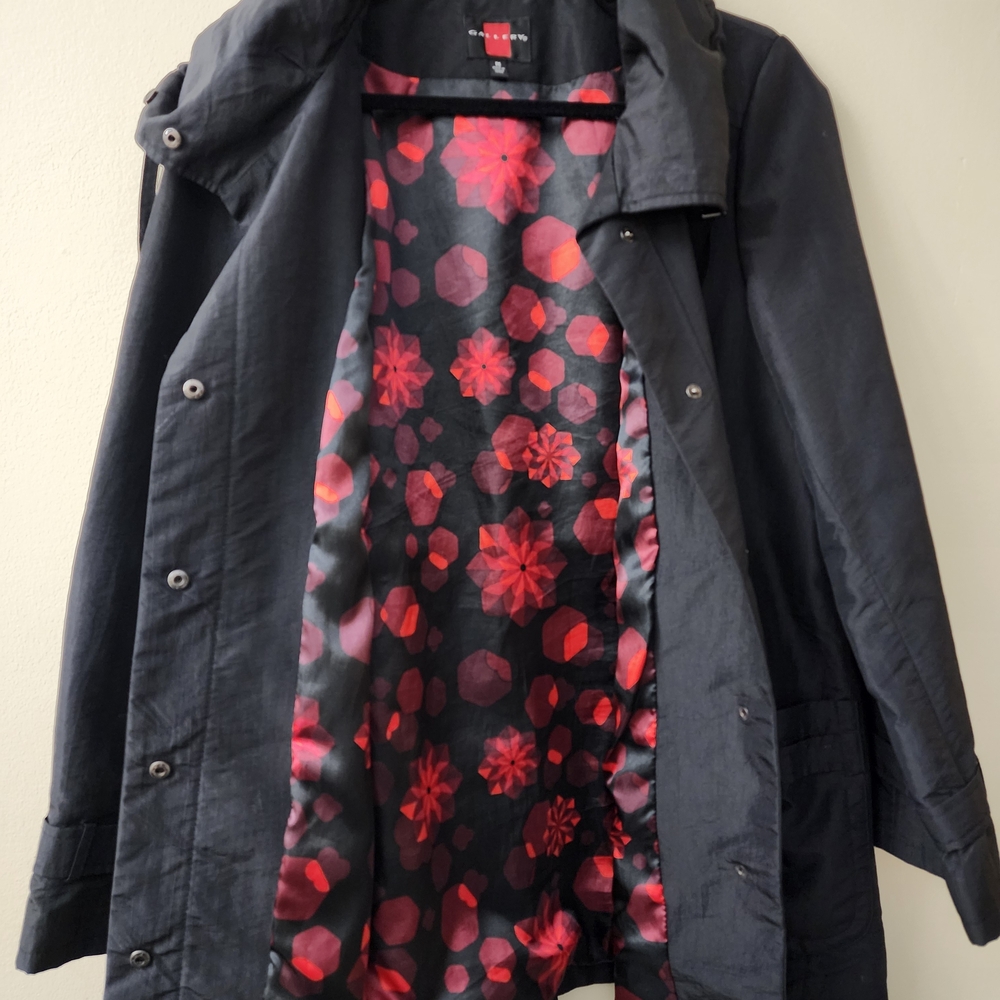 Gallery Black Trench Coat with Red Patterned Lining